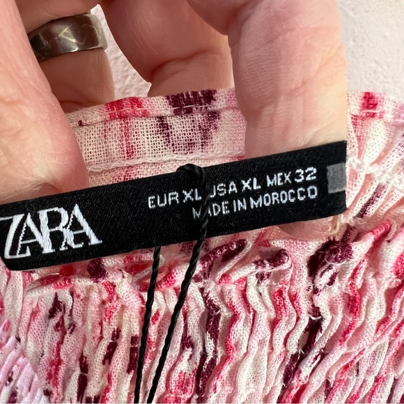 ZARA NWT 2024 Pink Linen Blend Printed Midi Dress Ruched Elastic Top Size XL - Picture 4 of 13